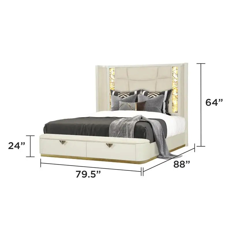 Bedroom Set with Wood Frame and Gold Accents Beige