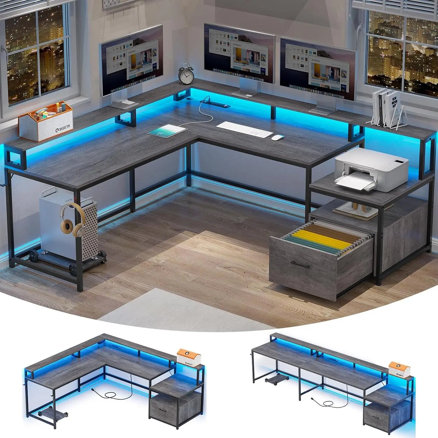 L Shaped Desk with Wood File Drawer & Power Outlet
