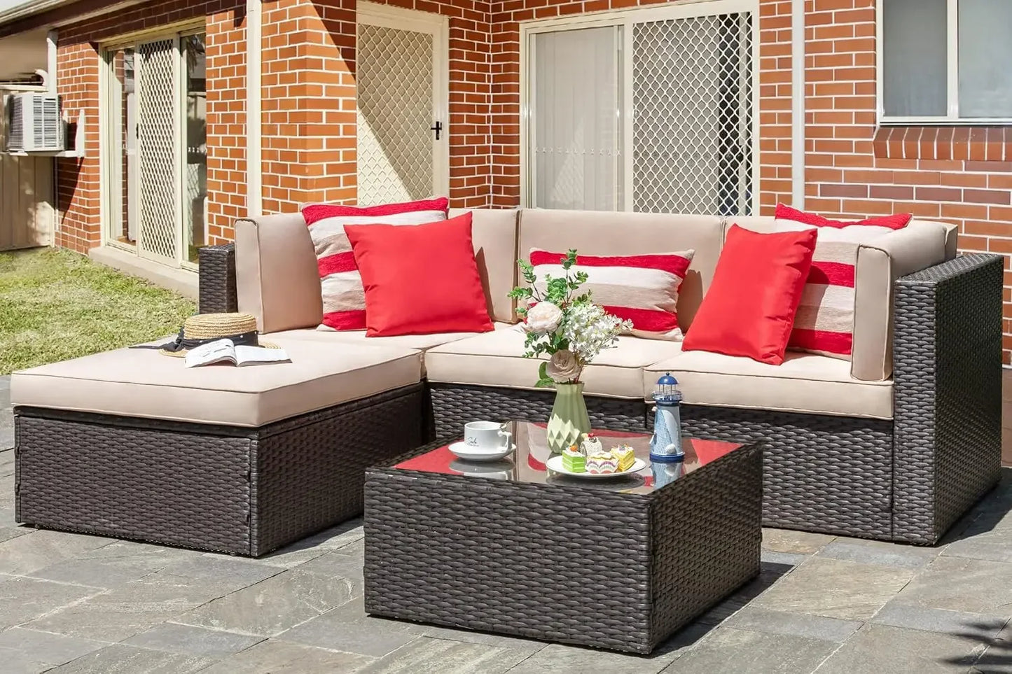 All-Weather PE Rattan Outdoor Couch with Ottoman