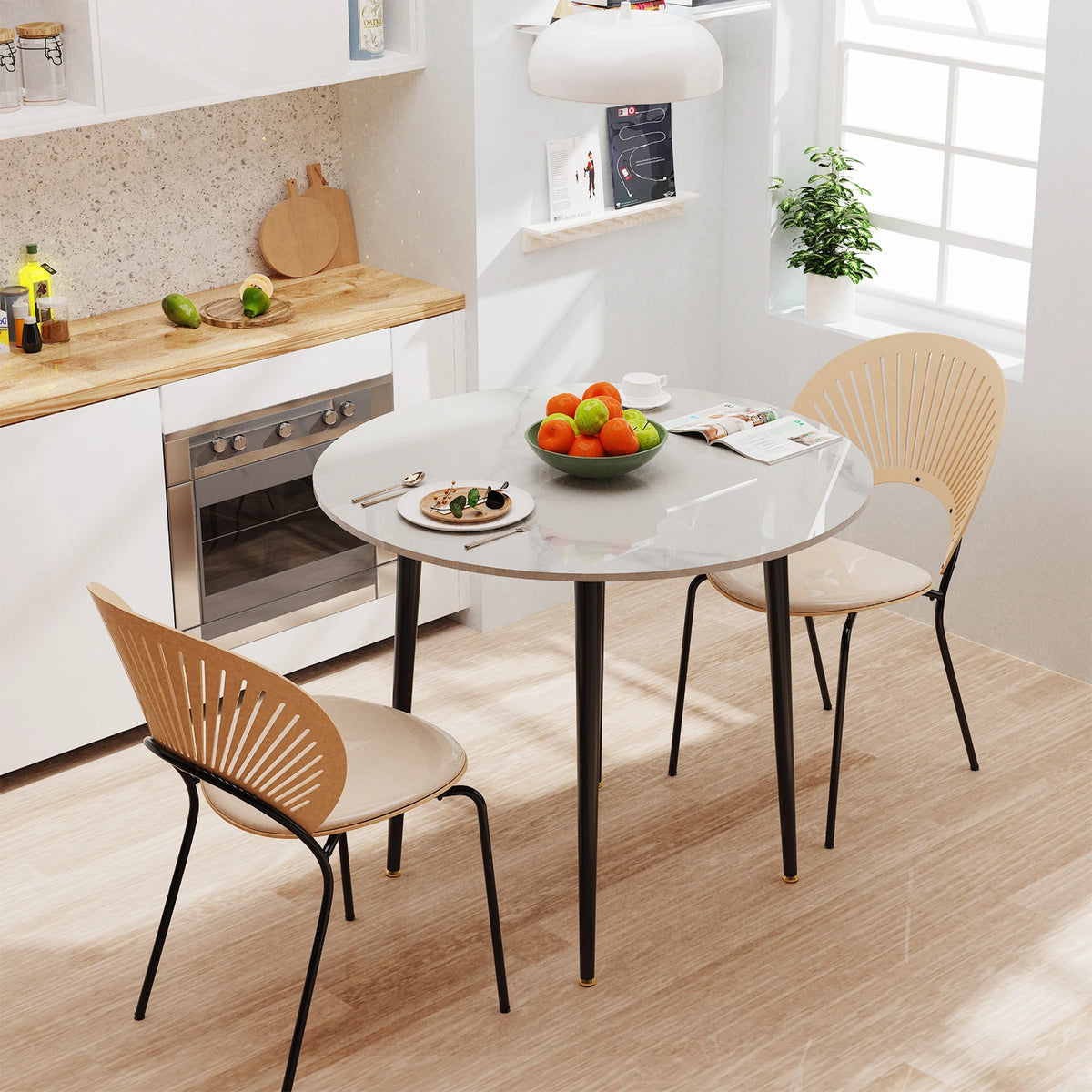 Sintered Stone Round Dining Table with Black Metal Legs