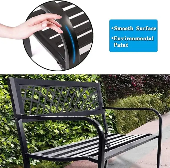 Iron Steel Frame Patio Bench with Mesh Pattern and Plastic Backrest
