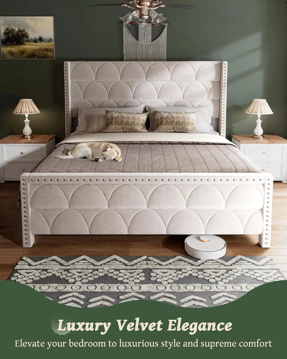 Upholstered Wingback Platform Bed Frame, Noise-Free Support