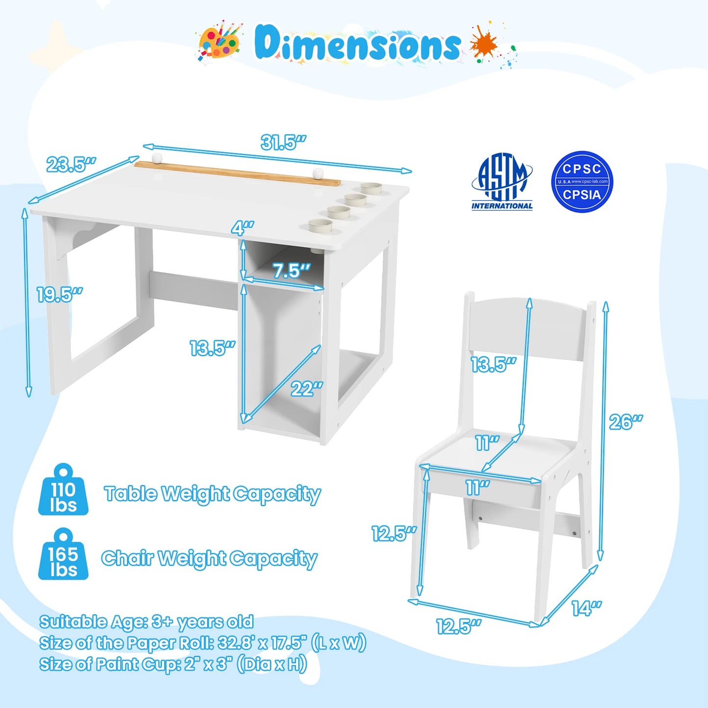 Art Table & Chair Set with Paper Roll 4 Paint Cups & 2 Storage Shelves