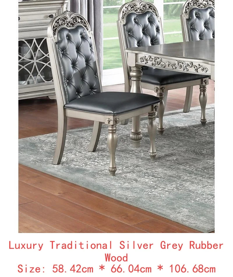 Formal 1pc Dining Table with 2 Leaves, Silver Grey Finish, Antique Design