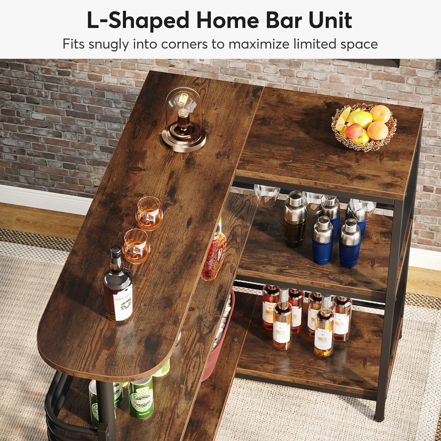 Dining Room 3 Tier Liquor Bar Table with Storage Shelves and Wine Glasses Holder