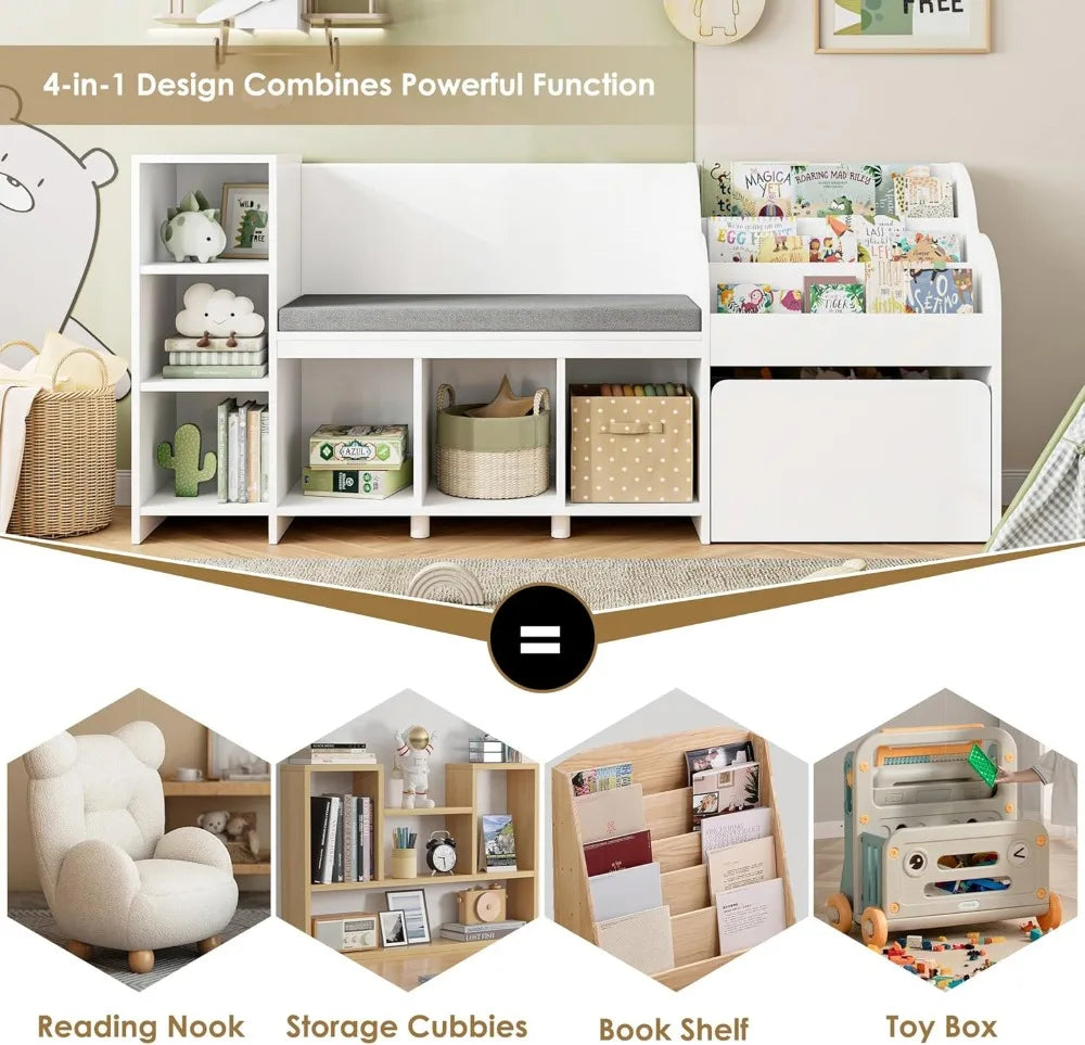Reading Nook with Bench, Bookshelf and Storage Box on Wheels