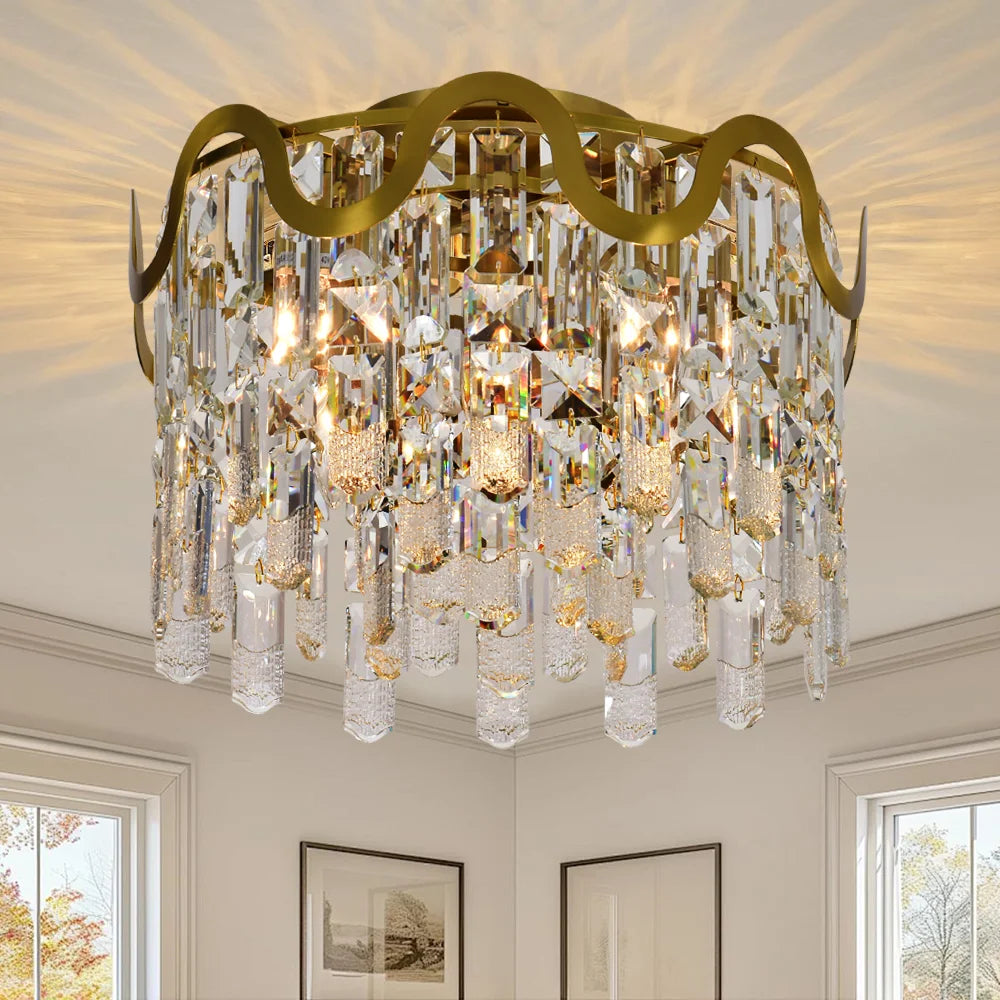Luxury Gold Crystal Flush Mount Teardrop Crystal Chandelier