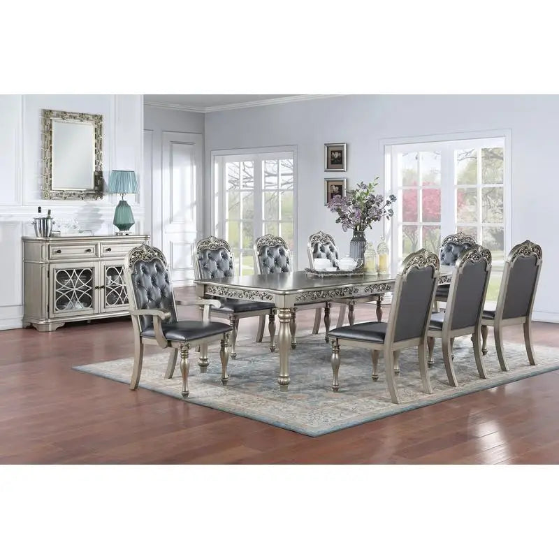 Formal 1pc Dining Table with 2 Leaves, Silver Grey Finish, Antique Design