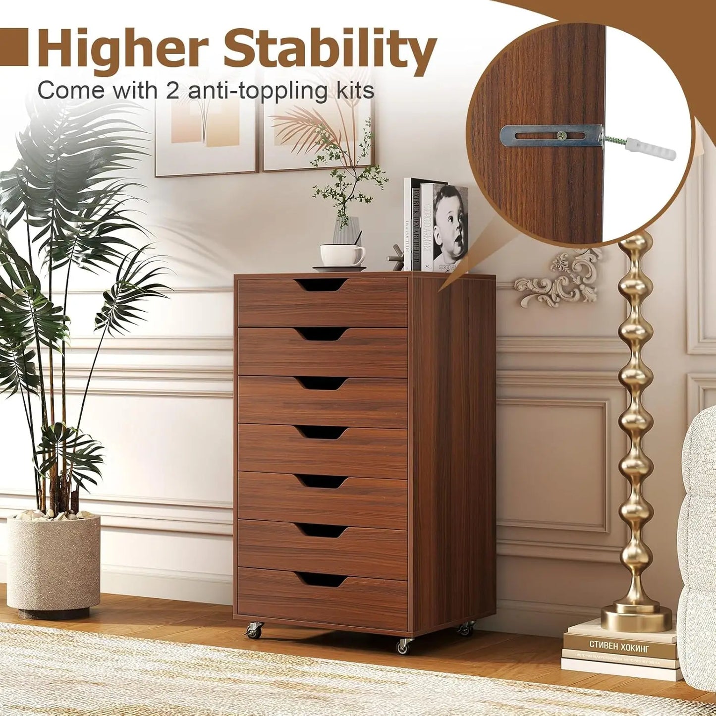 Mobile Storage Cabinet Wooden File Organizer Lockable Wheels