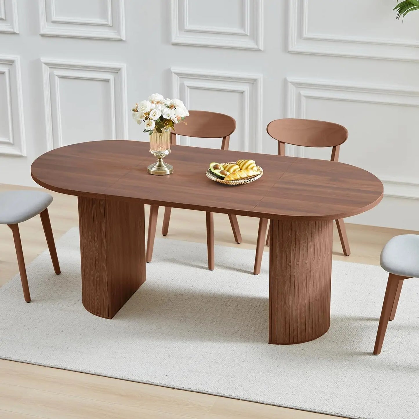 Fluted Base Modern Oval Round Extendable Dining Table