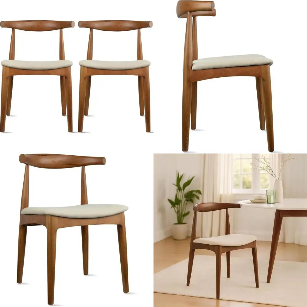 Pair of Wooden Dining Chairs with Beige Linen Cushioned Seats