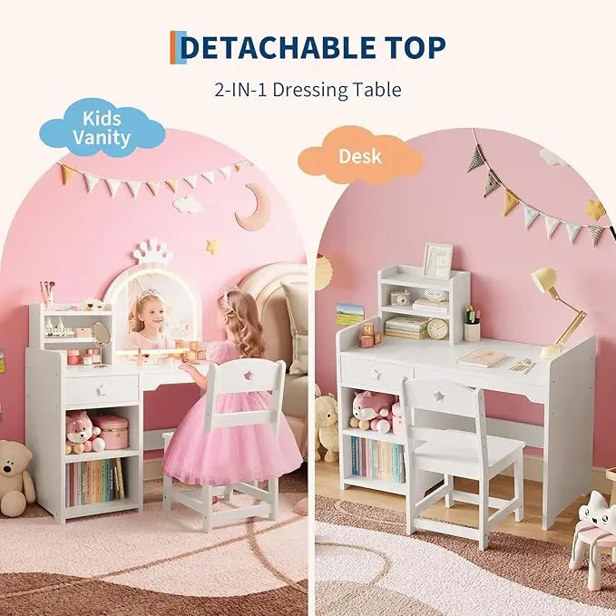 Kids Vanity with Lights, 2 in 1 Princess Makeup Vanity Desk & Chair Set