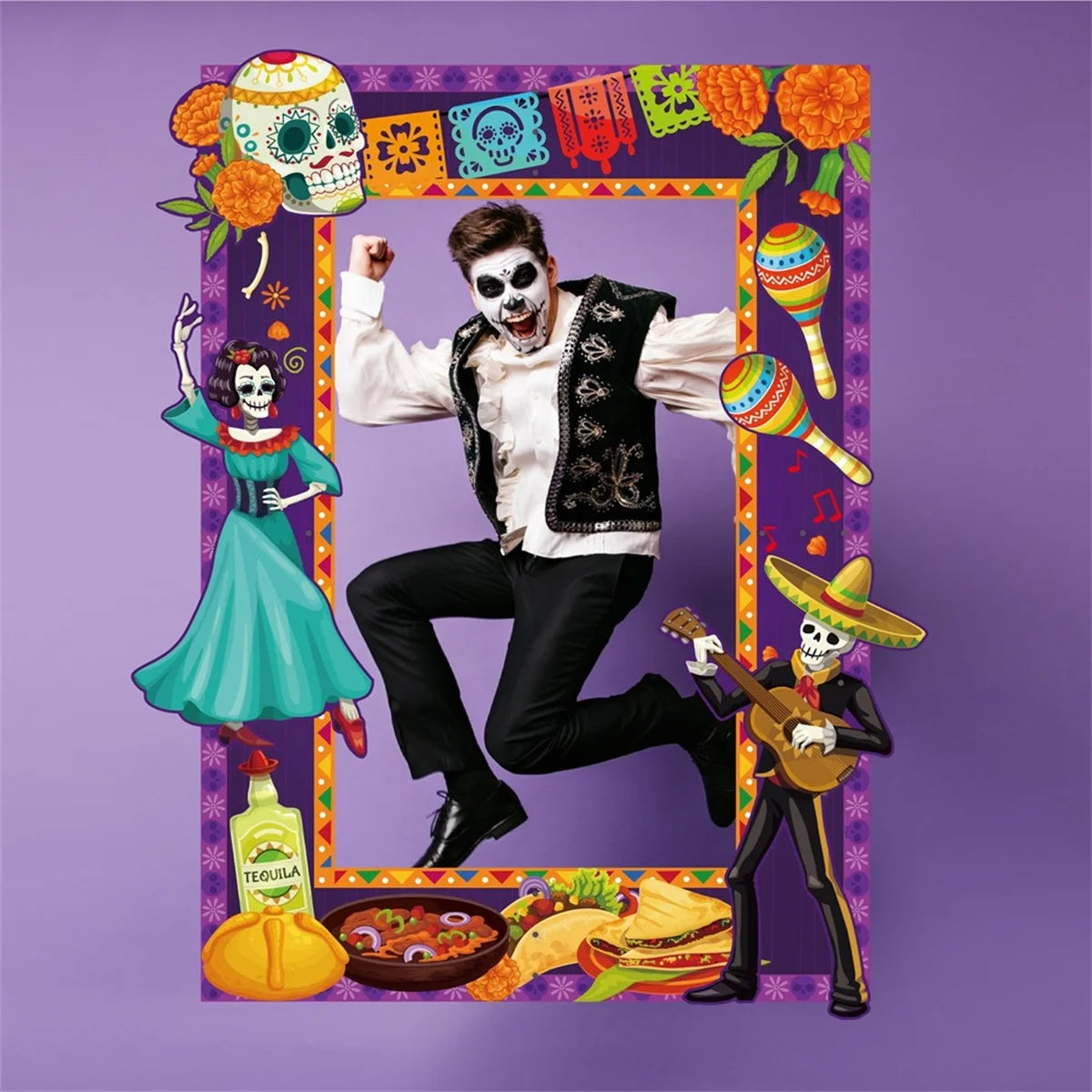 Mexican Day of The Dead DIY Photo Booth Kit with Sugar Skull Stickers and Picture Frame
