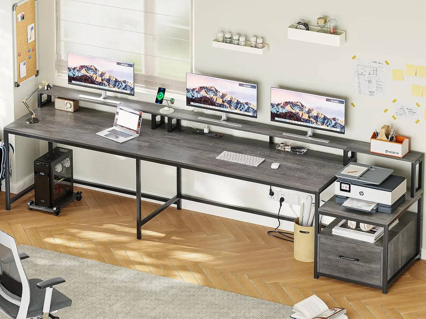 L Shaped Desk with Wood File Drawer & Power Outlet
