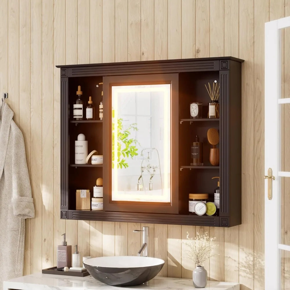 Wood Medicine Cabinet Over The Toilet Storage Organizer with Mirrored Doors