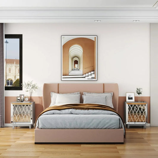 Mirrored Nightstands Set with 2 Drawer Glass Side