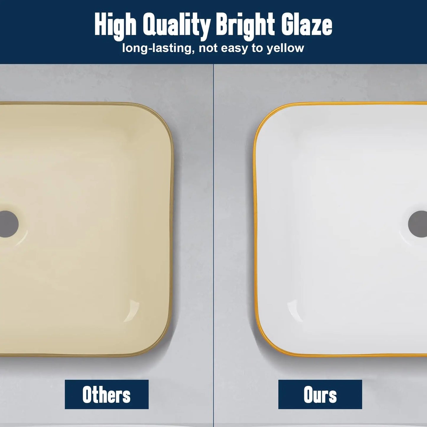 Elegant Modern Ceramic Style Gold Rim Rectangular Vessel Sink