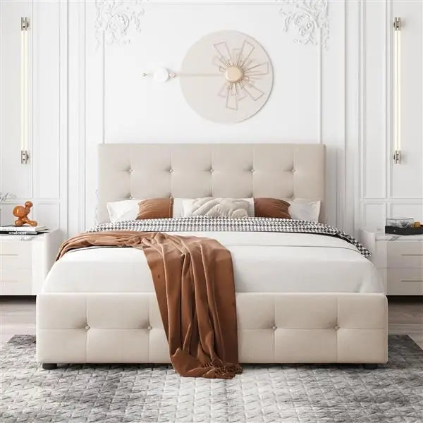 Upholstered Platform Bed/Classic Headboard/4 Drawers/No Box Spring Needed