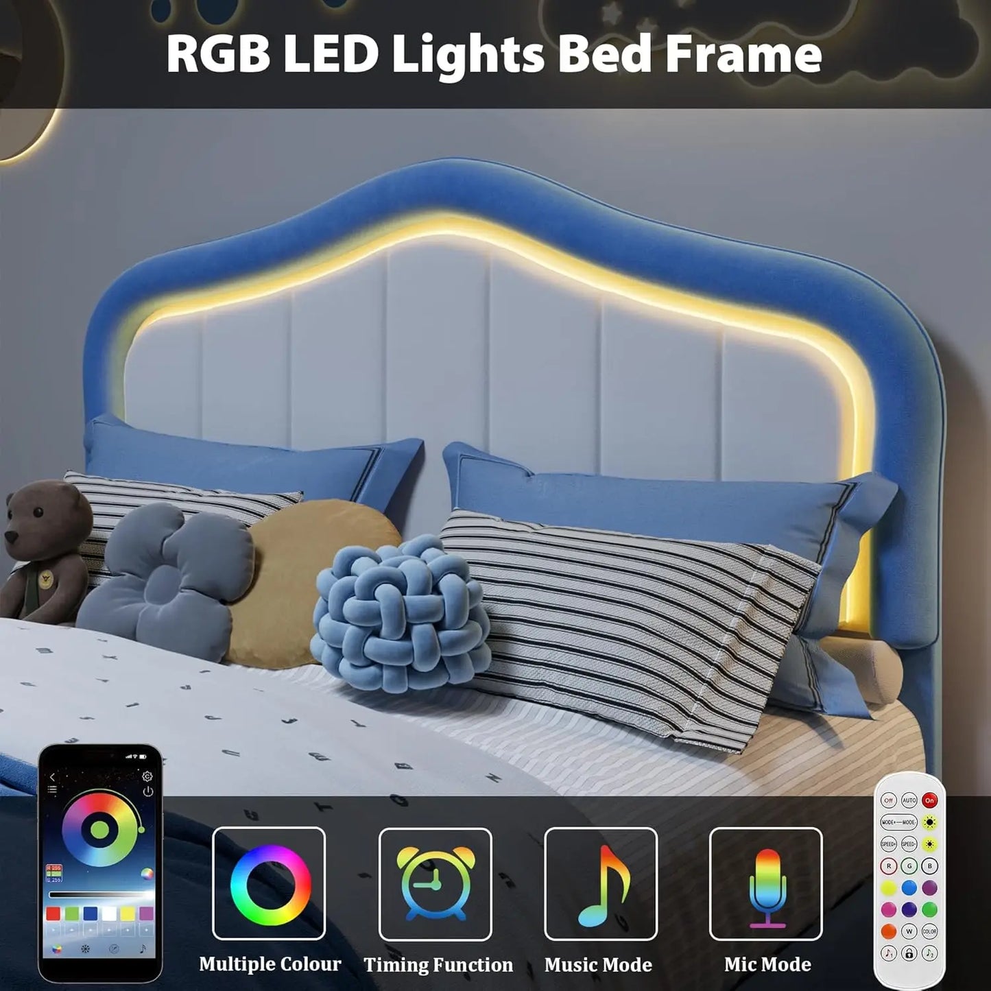 Modern Princess Style Upholstered Bed Frame with LED Crown Headboard