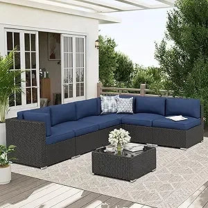 7-Piece Patio Furniture Sofa Set Rattan Wicker Sectional Conversation Sets with Glass Top Table and Cushions