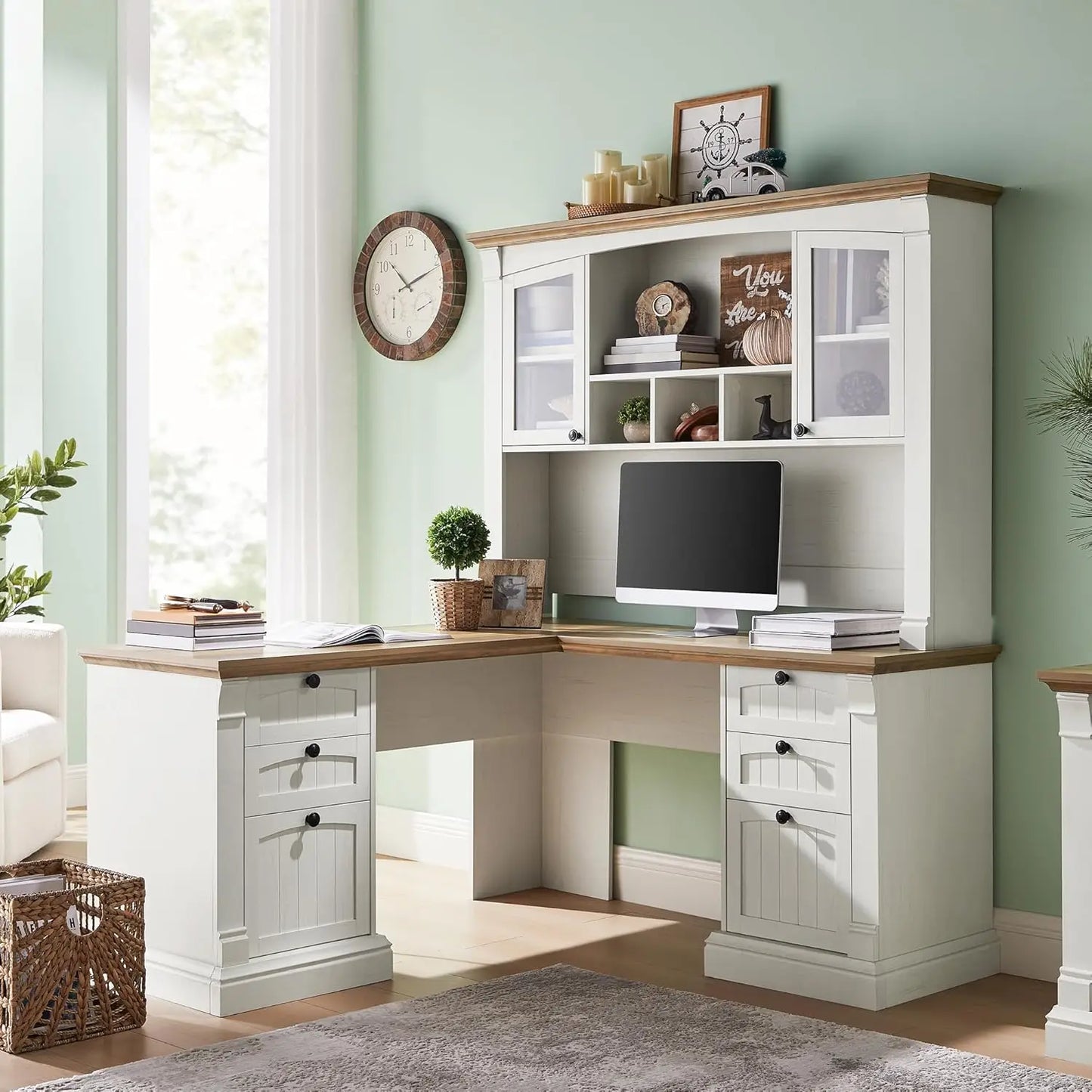 L Shaped Executive Desk with Hutch and Drawers
