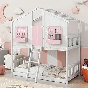 Floor House Bunk Bed with Low Bunker Bed Twin Over Twin