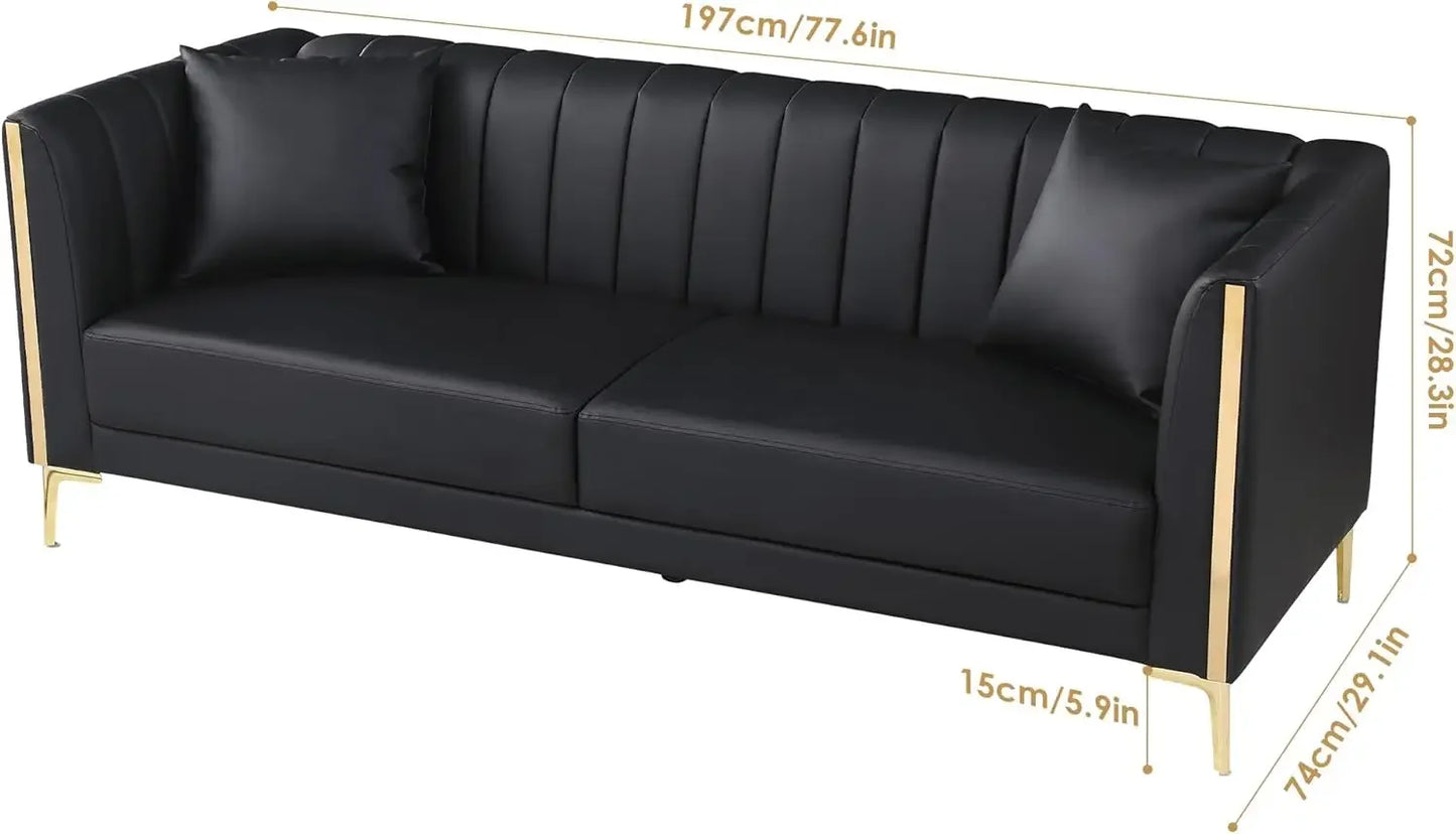 Comfy Faux Leather Sofa with 3 Sitter Sofa with 2 Throw Pillows and Gold Met