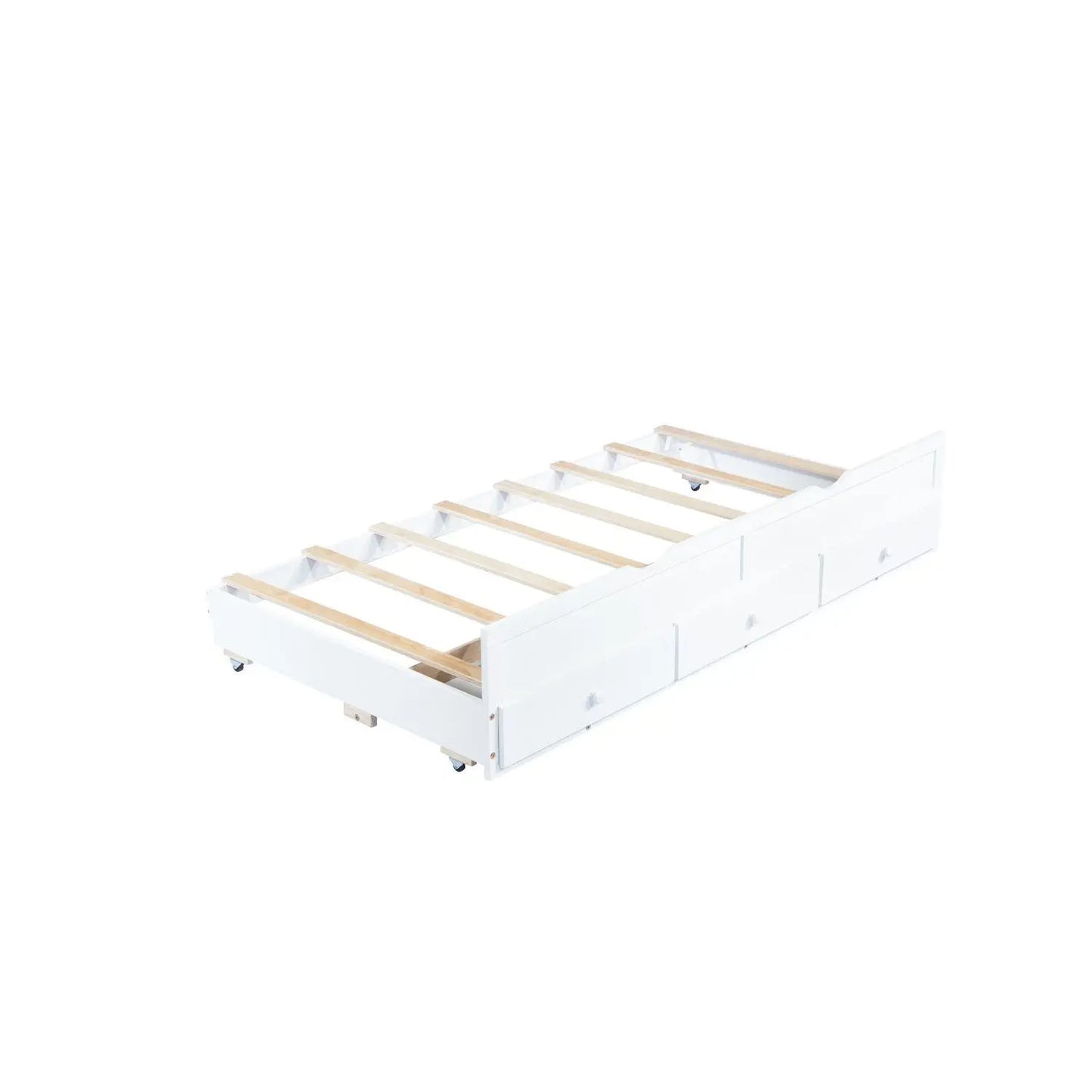 Twin Size Pine Wood Bed Headboard & Footboard with White Trundle Three Storage Drawers