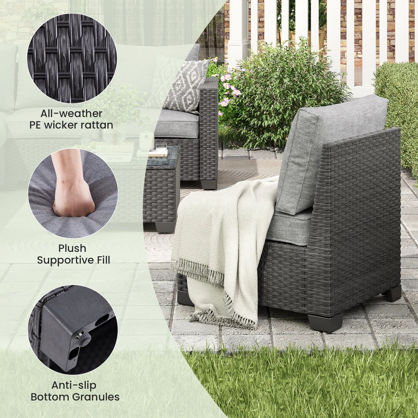 Patio Sectional Sofa Set with Ottoman, Water/Oil/Stain-Resistant Fabric