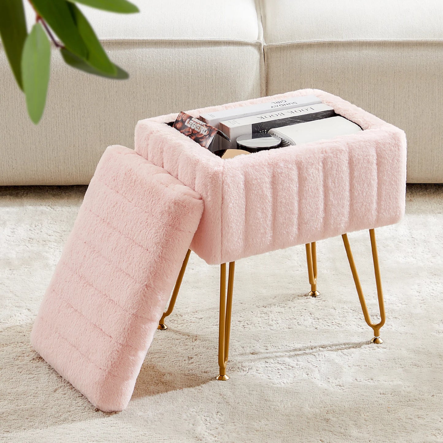 Faux Fur Stools & Ottomans Padded Makeup with 4 Metal Legs