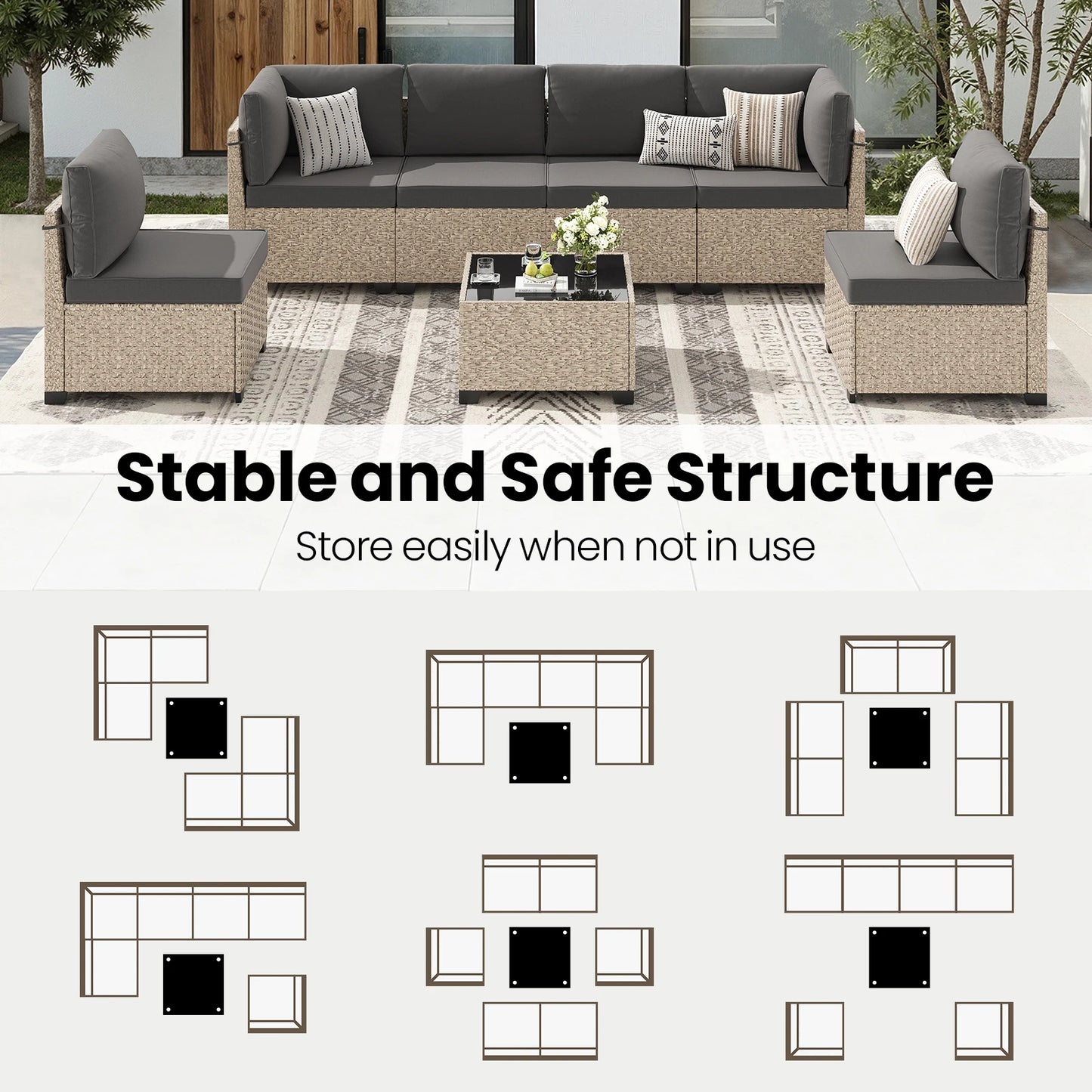 All-Weather Rattan Sectional Sofa with Tempered Glass Table