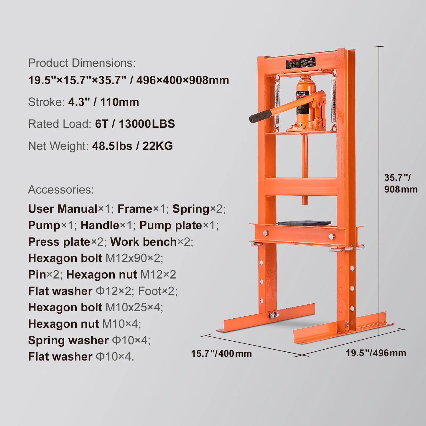 Hydraulic Shop Press 6T H-Frame