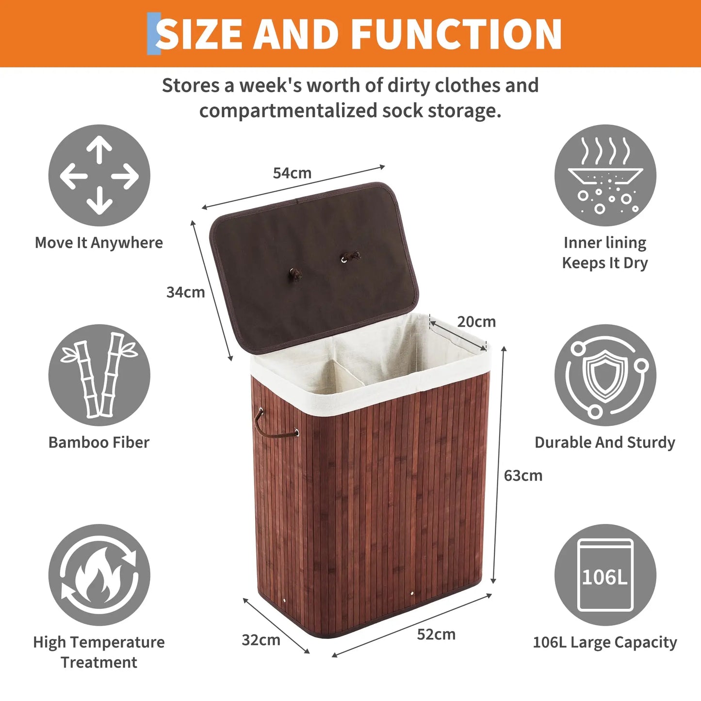 Bamboo Laundry Hamper with Foldable Storage Basket & Lid/Handles