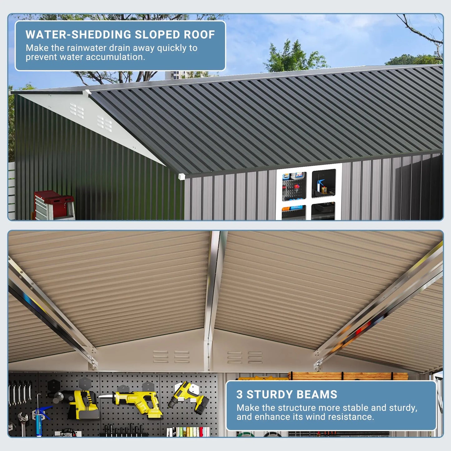 Heavy-Duty Metal Frame Storage with Window and Lockable Tool Shed