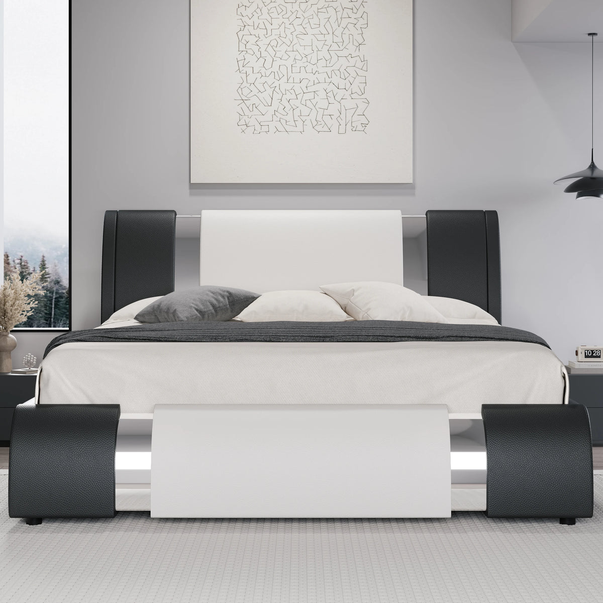 Modern Faux Leather Bed Frame with Iron Pieces Decor