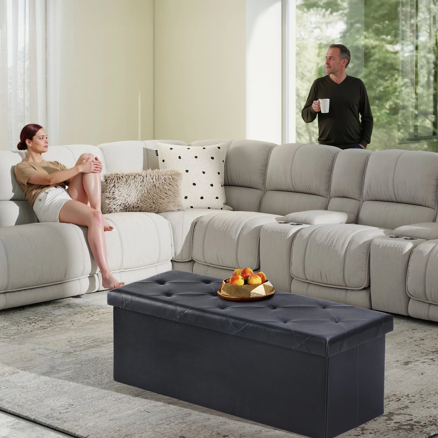 Leather Folding Ottoman Storage Footstool Bench