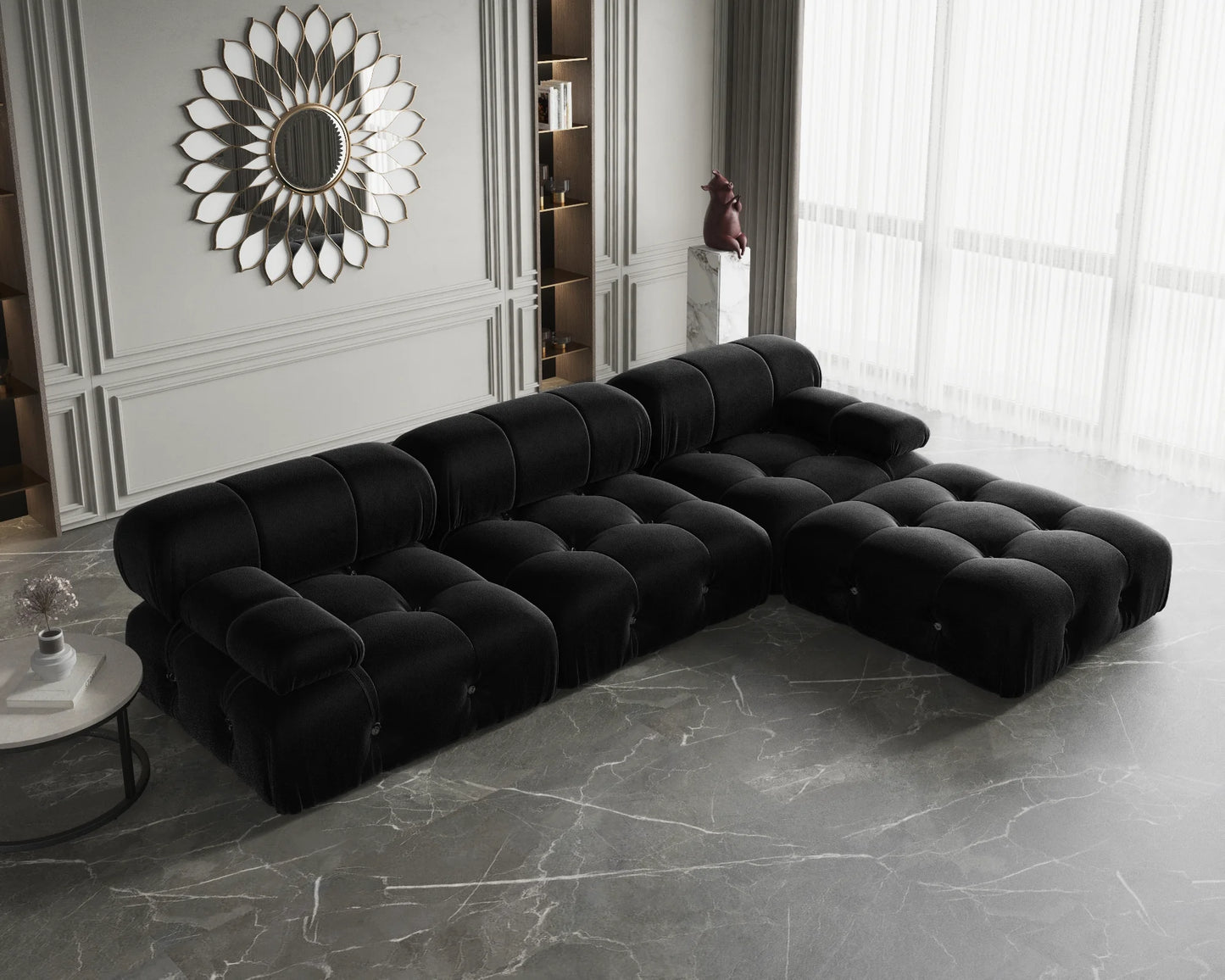 Modern L-Shaped Velvet Couch with Reversible Ottoman