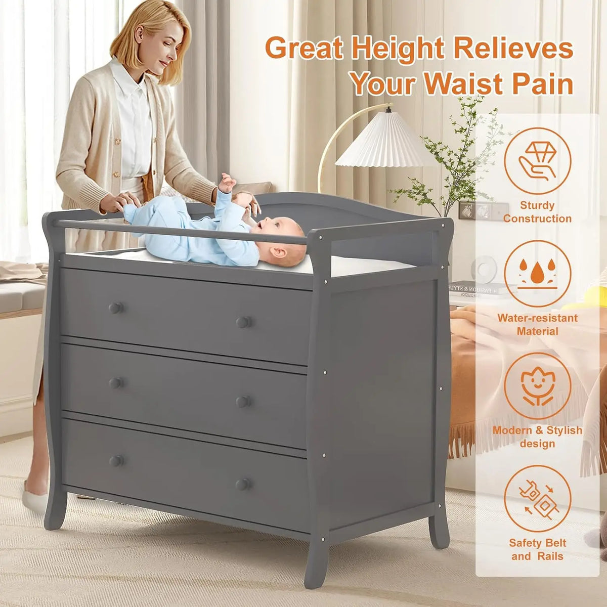 Baby Changing Table With Safety Belt & Rails Toddler Dresser