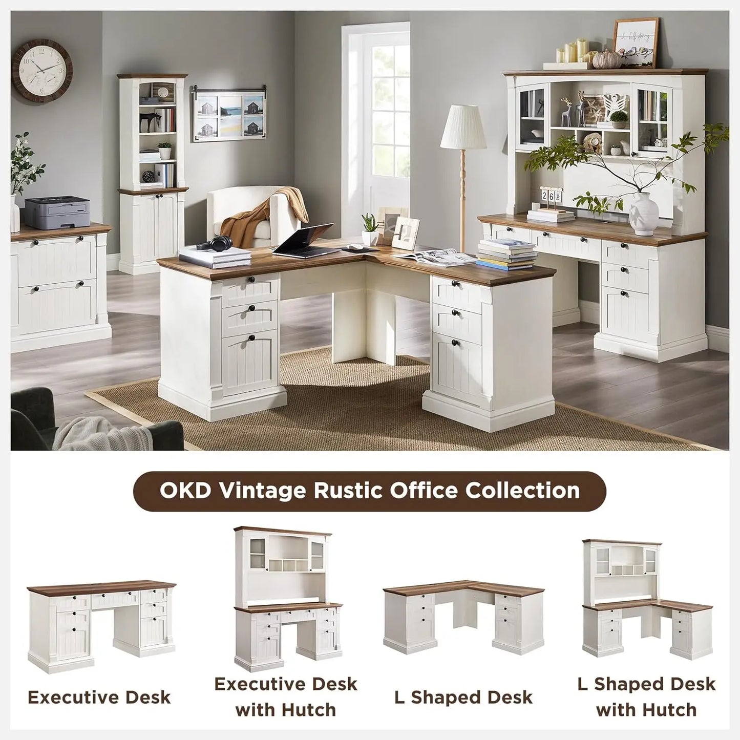 L Shaped Executive Desk with Hutch and Drawers