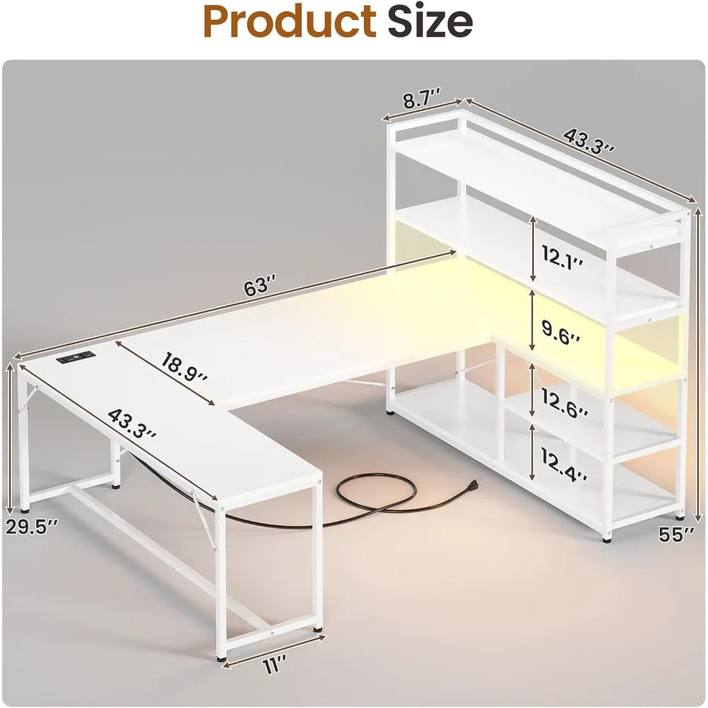 Desk with Storage Shelves and LED Lights for L-Shaped Office Setup