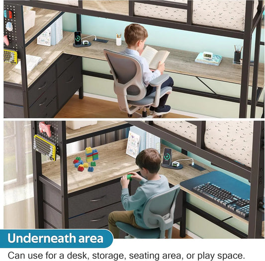 Loft Bed with Desk & RGB LED Lights and Charging Station