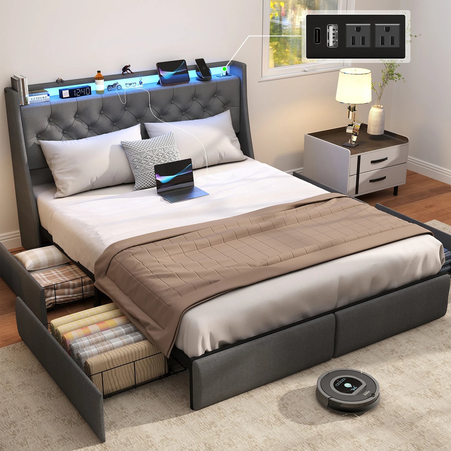 Upholstered Headboard & Bed Frame with 4 Storage Drawers and LED Lights
