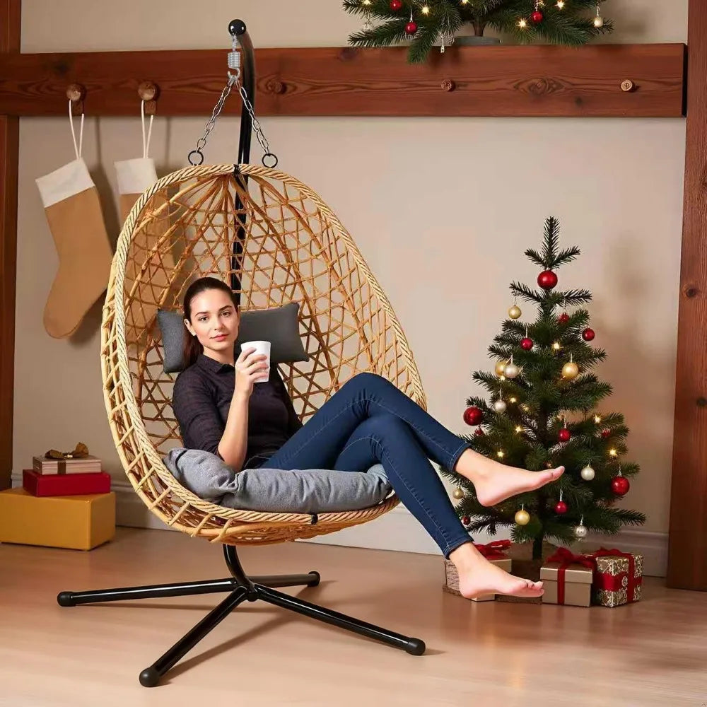 All-Weather Rattan Swing Egg Chair with Stand & Cushions