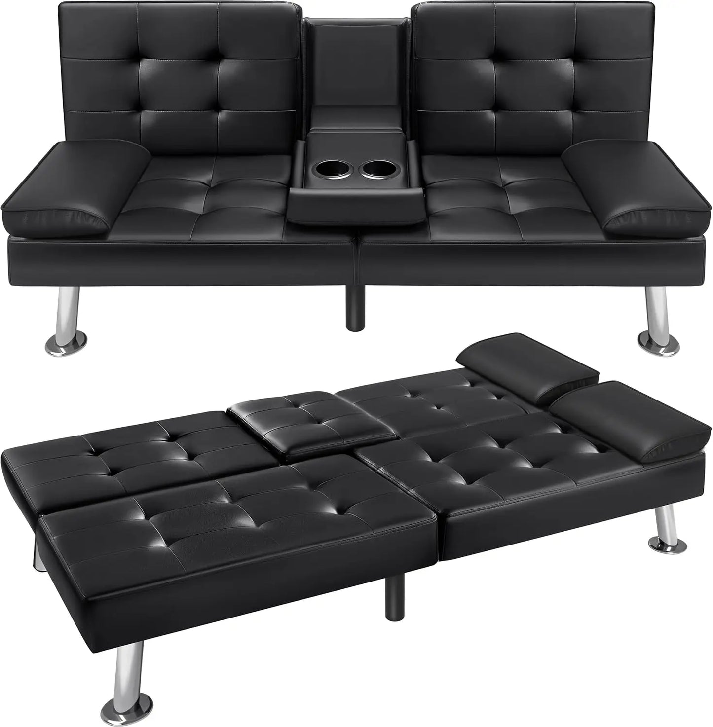 Modern Faux Leather Futon Sofa with Armrest