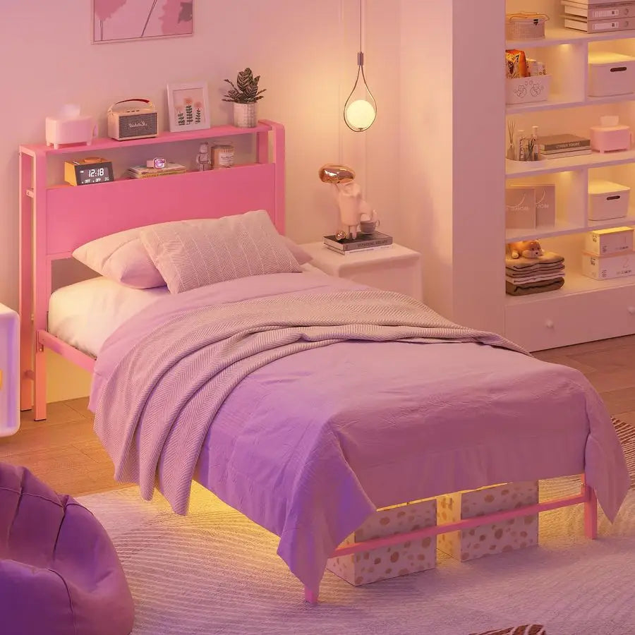 Twin Bed Frames for Kids with Storage Shelves Headboard