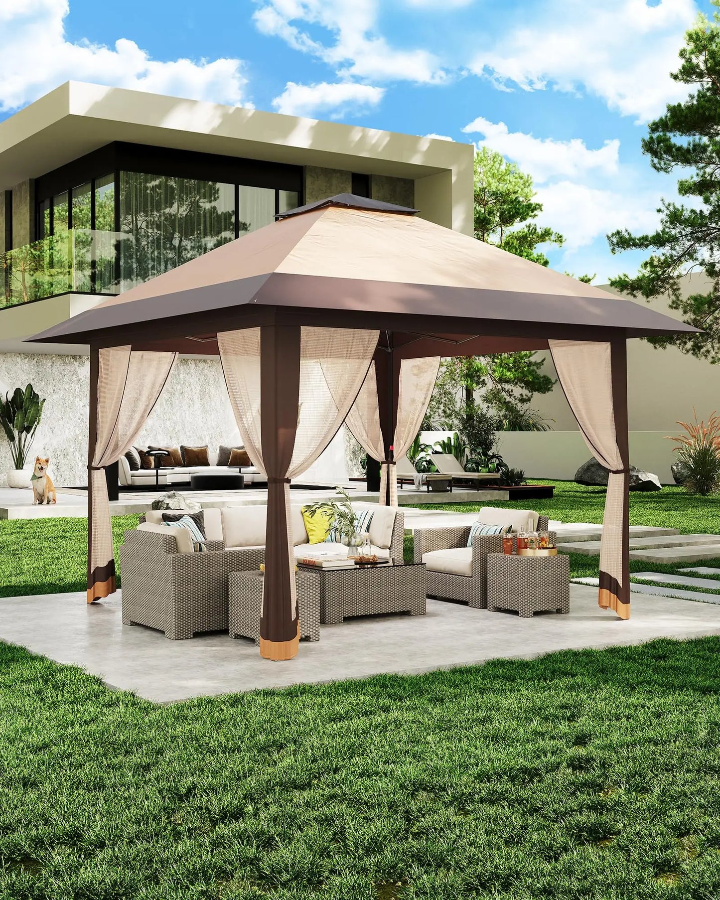 Pop-Up Gazebo Canopy with Mosquito Netting, One-Push Setup and Height Adjustable