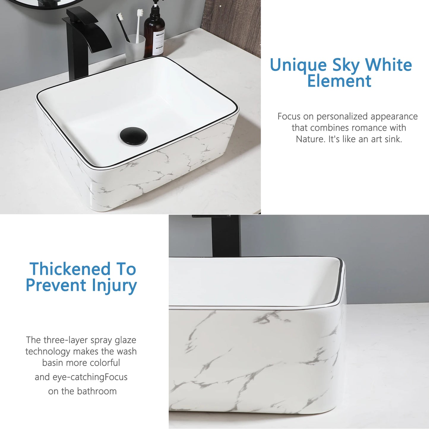 Ceramic White Vessel Sink with Black Trim