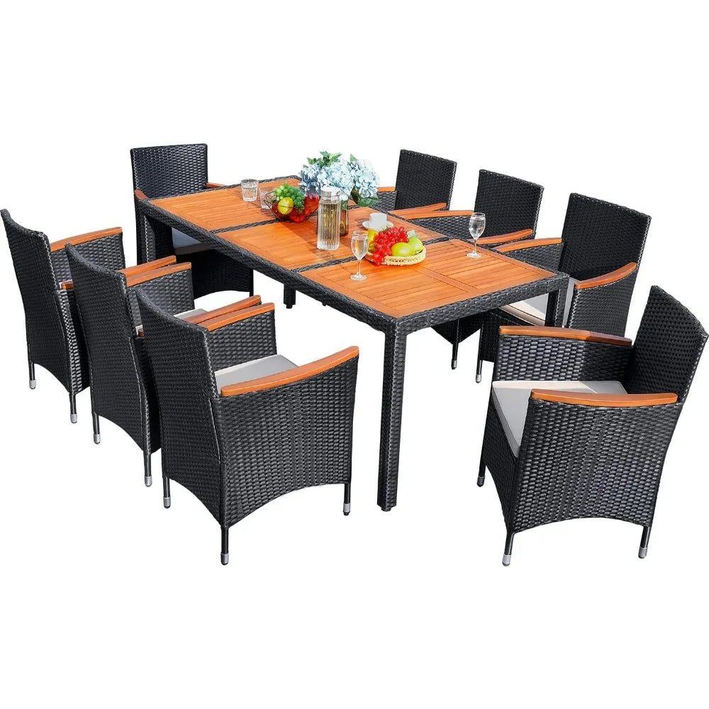 Acacia Wood Table and Chairs with Soft Cushions Wicker Patio Furniture