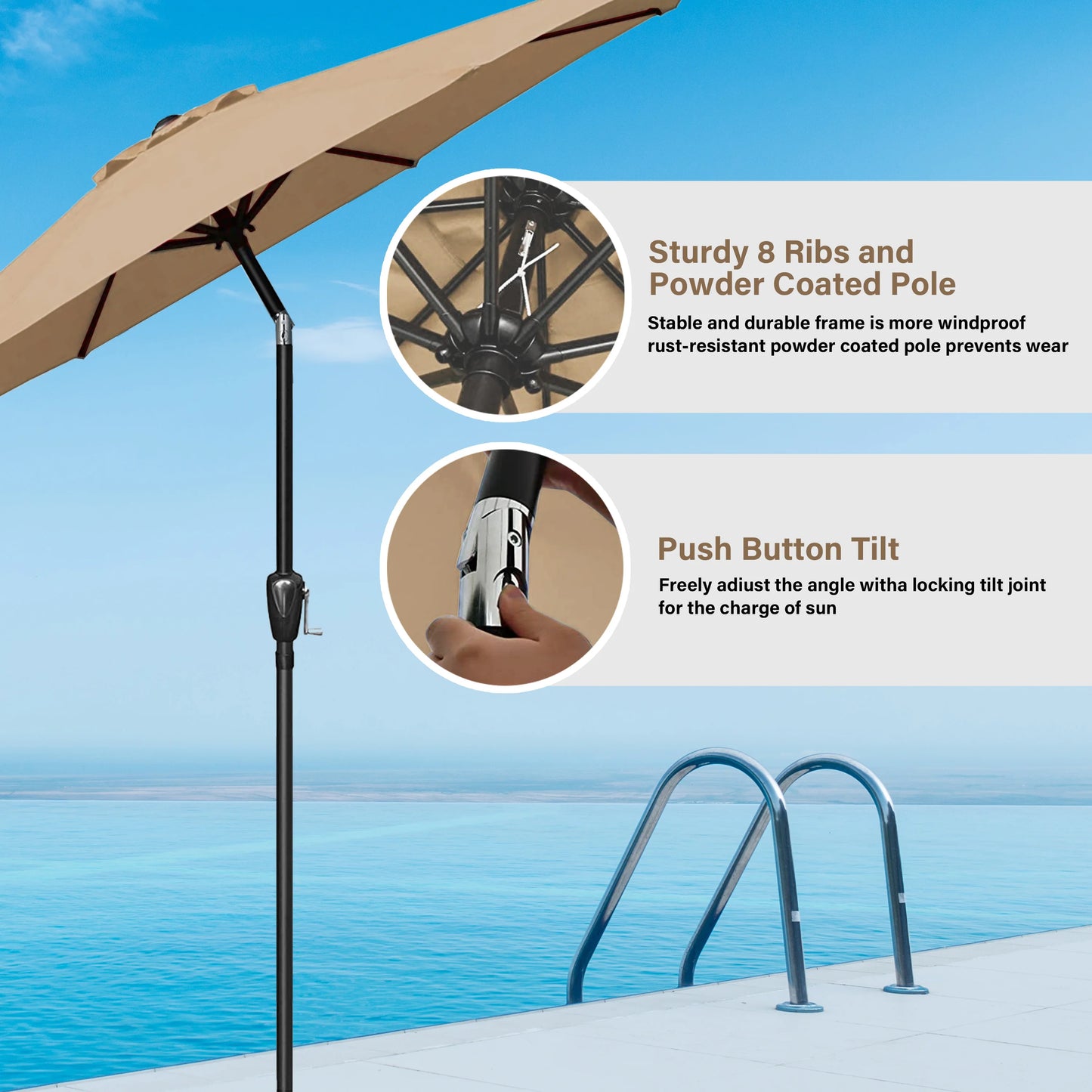 Patio Umbrella with, Push Button Tilt and Crank