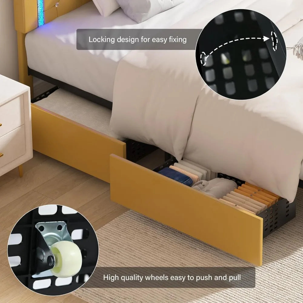 Twin Bed Frame with Storage Drawers & LED Lights